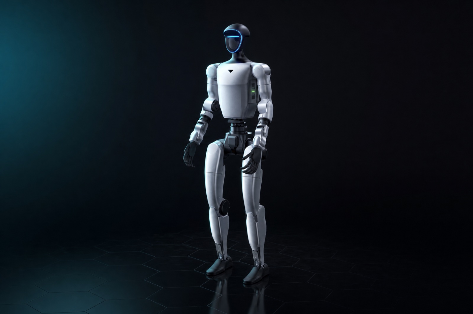Unitree G1 humanoid robot in a dark studio with teal accent lighting